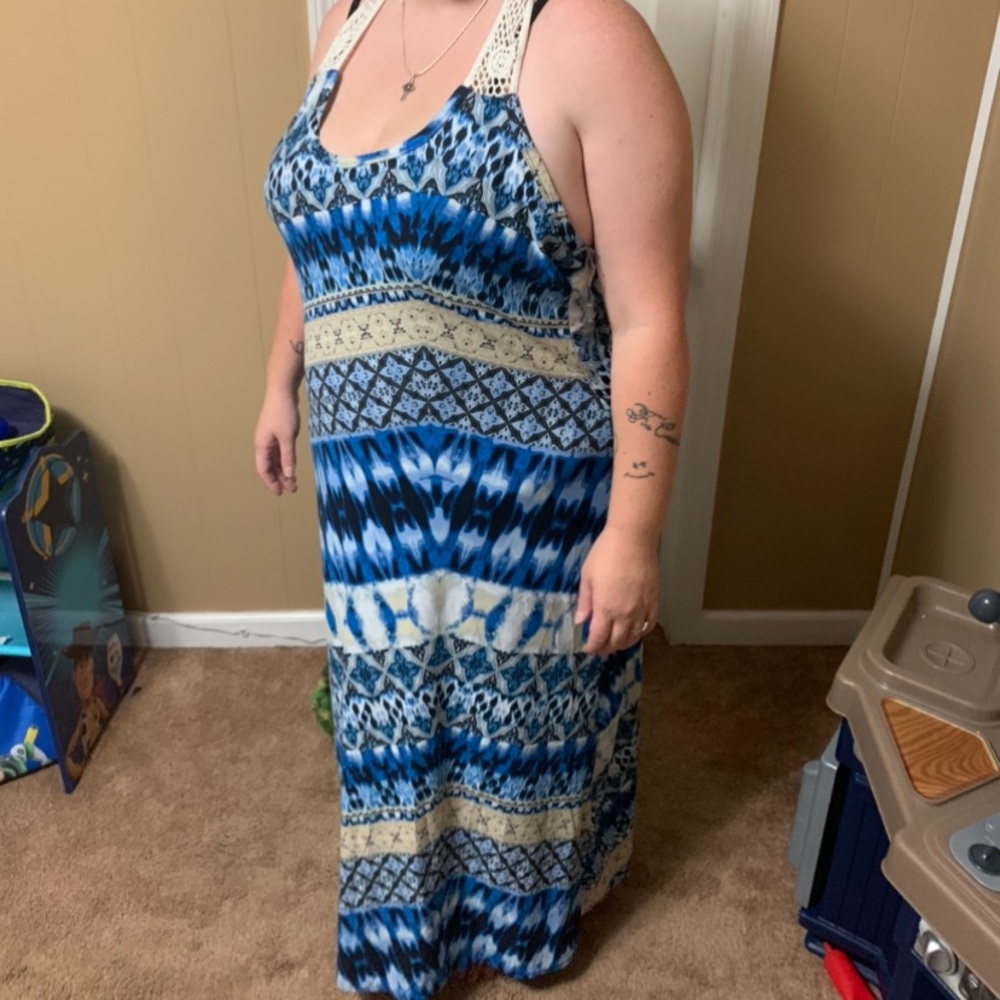 Blue white tan tank top floor length dress size 2x rouge